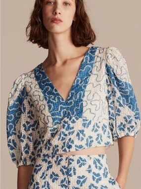 Rebecca Taylor Blue and White V-Neck Puff-Sleeve Blouse LS Perla Size 10